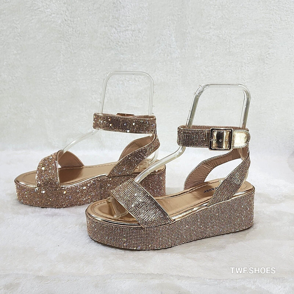 Flashy Rose Gold Ankle Strap Sparkling Rhinestone Wedge 2" Platform Sandals - Totally Wicked Footwear