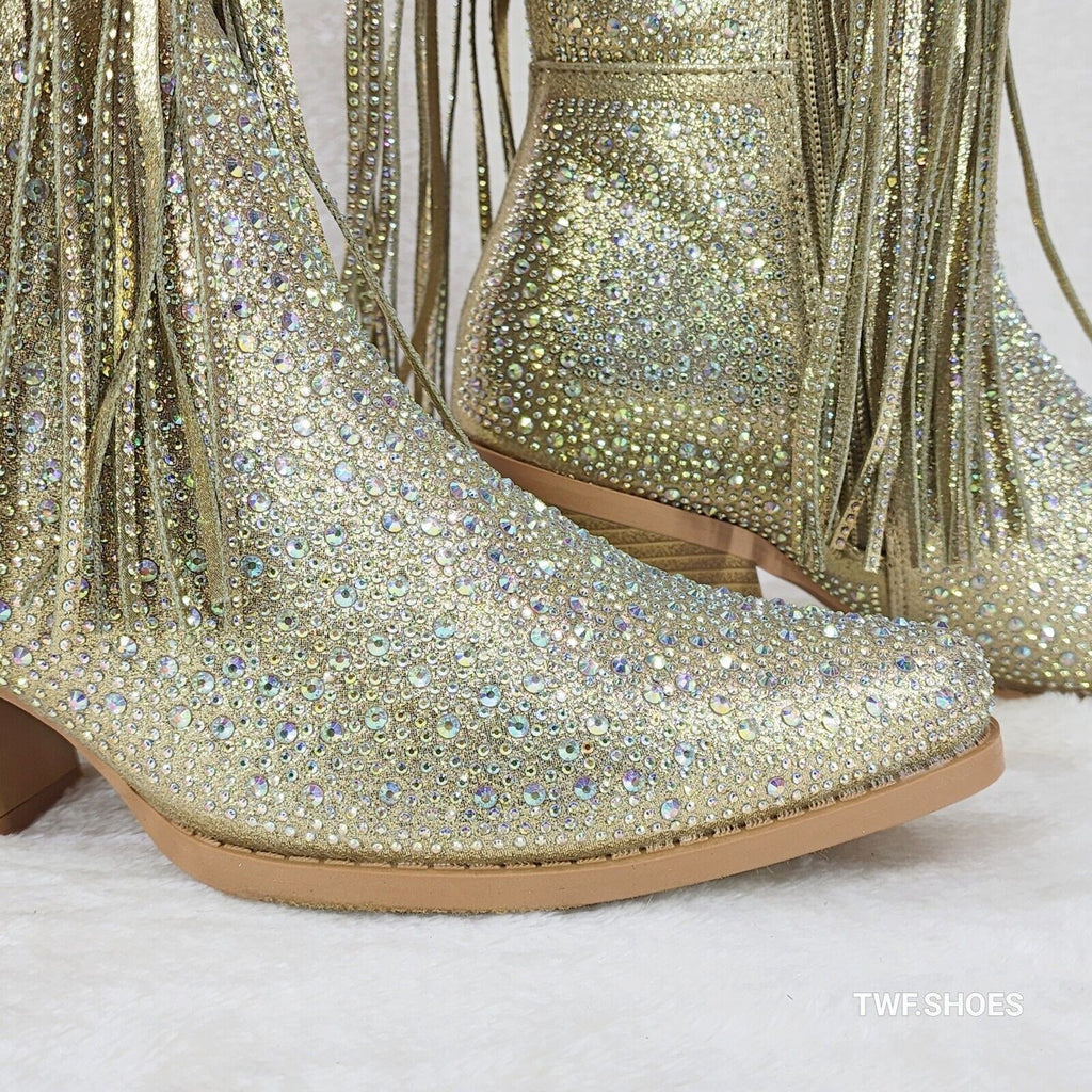 Western Diva Gold Asymmetrical Fringe Rhinestone Glam Cowgirl Boots - Totally Wicked Footwear