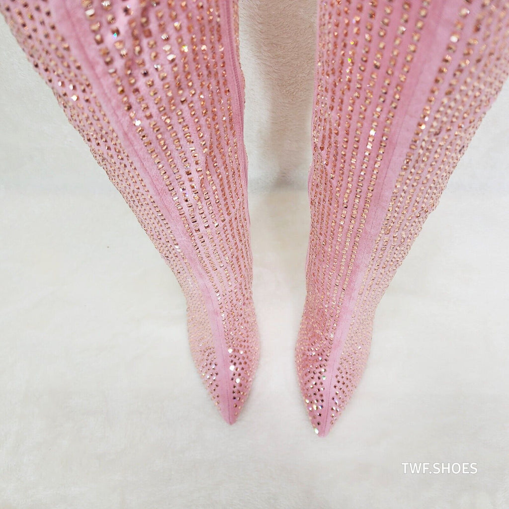 Glamour Shot Mirrored Rhinestone Tinted 4" Pyramid Heel Knee Boots Baby Pink - Totally Wicked Footwear