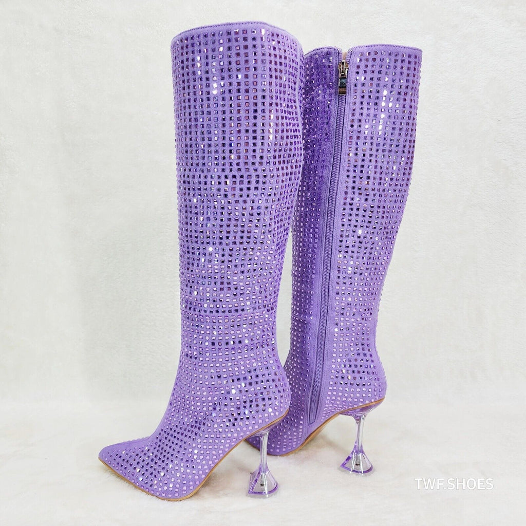Glamour Shot Mirrored Rhinestone Tinted 4" Pyramid Heel Knee Boots Lilac Purple - Totally Wicked Footwear