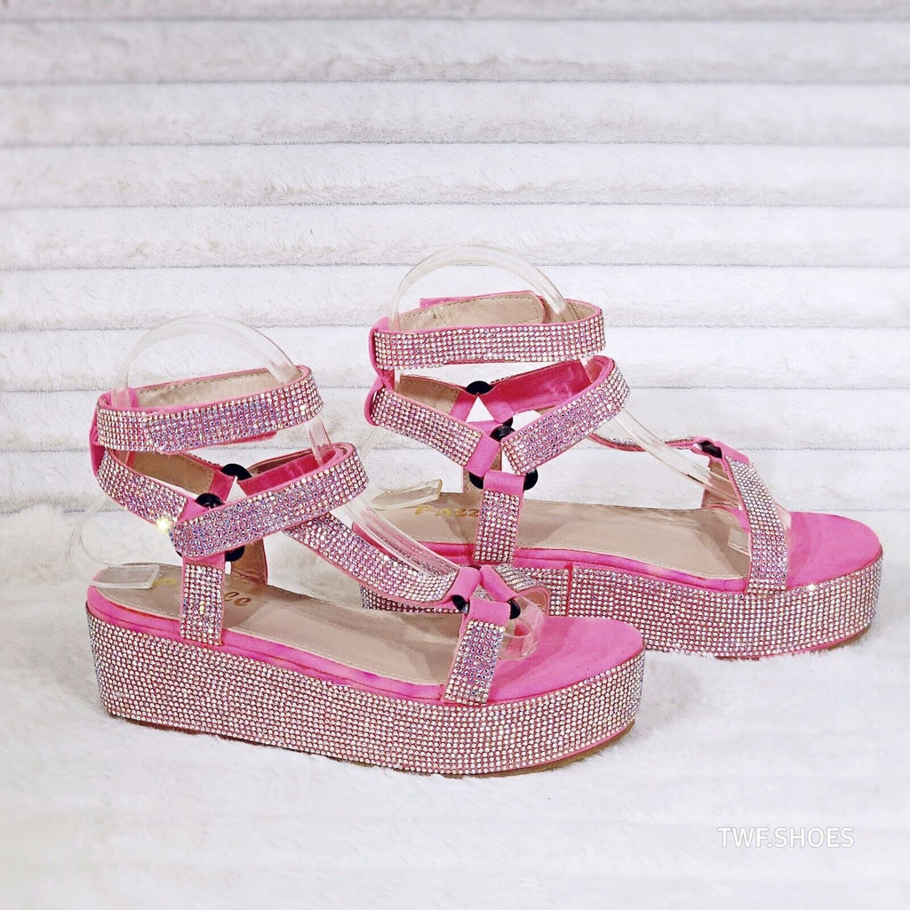 Pazzle Pink 2" Platform Harness Strap Sparkling Iridescent Rhinestone Sandals - Totally Wicked Footwear