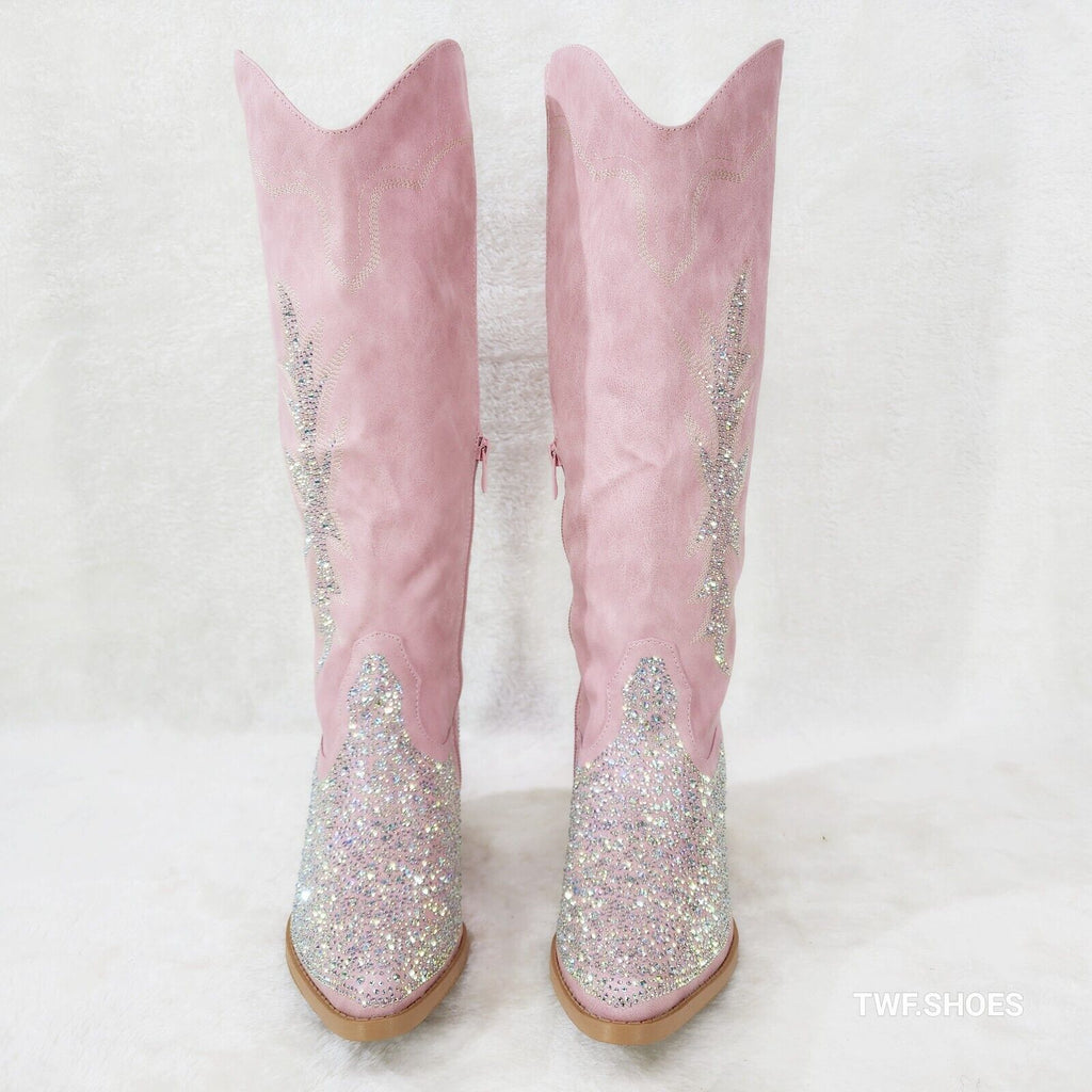 Annie Pink Leatherette With Rhinestones Country Glam Western Cowgirl Knee Boots - Totally Wicked Footwear
