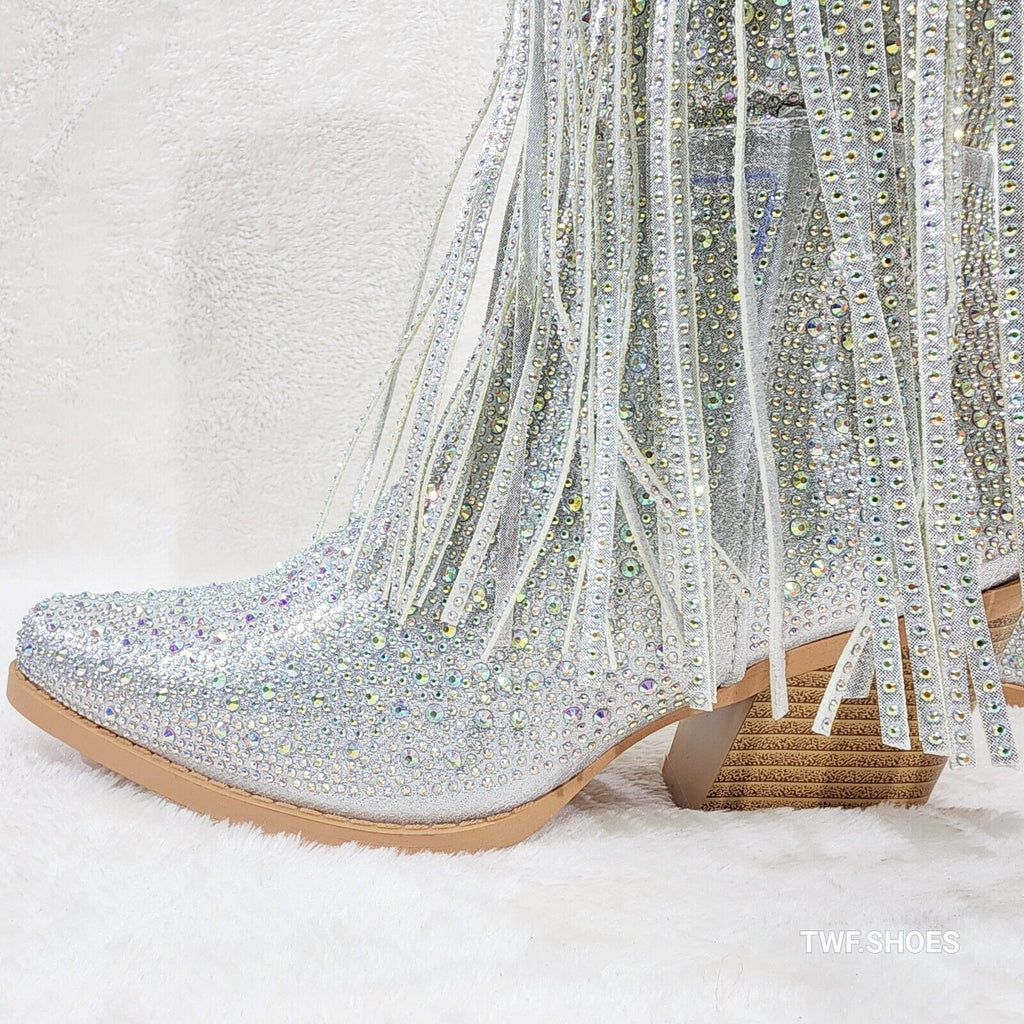 Western Diva Silver Asymmetrical Fringe Rhinestone Glam Cowgirl Boots - Totally Wicked Footwear