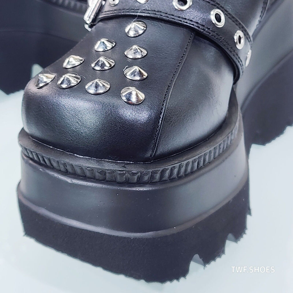 Shaker 225 Black Matte Platform 4.5" Wedge Heel Spiked Knee Boots NY DEMONIA - Totally Wicked Footwear