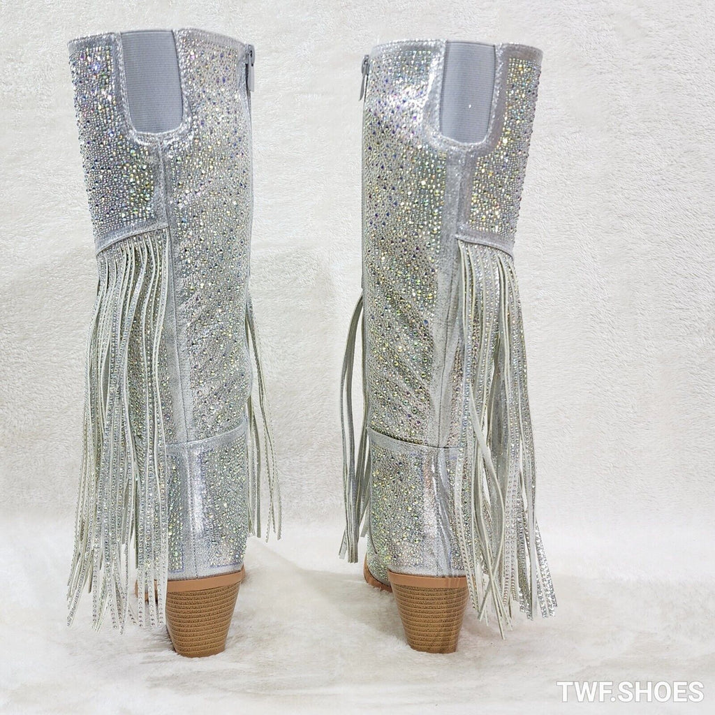 Western Diva Silver Asymmetrical Fringe Rhinestone Glam Cowgirl Boots - Totally Wicked Footwear