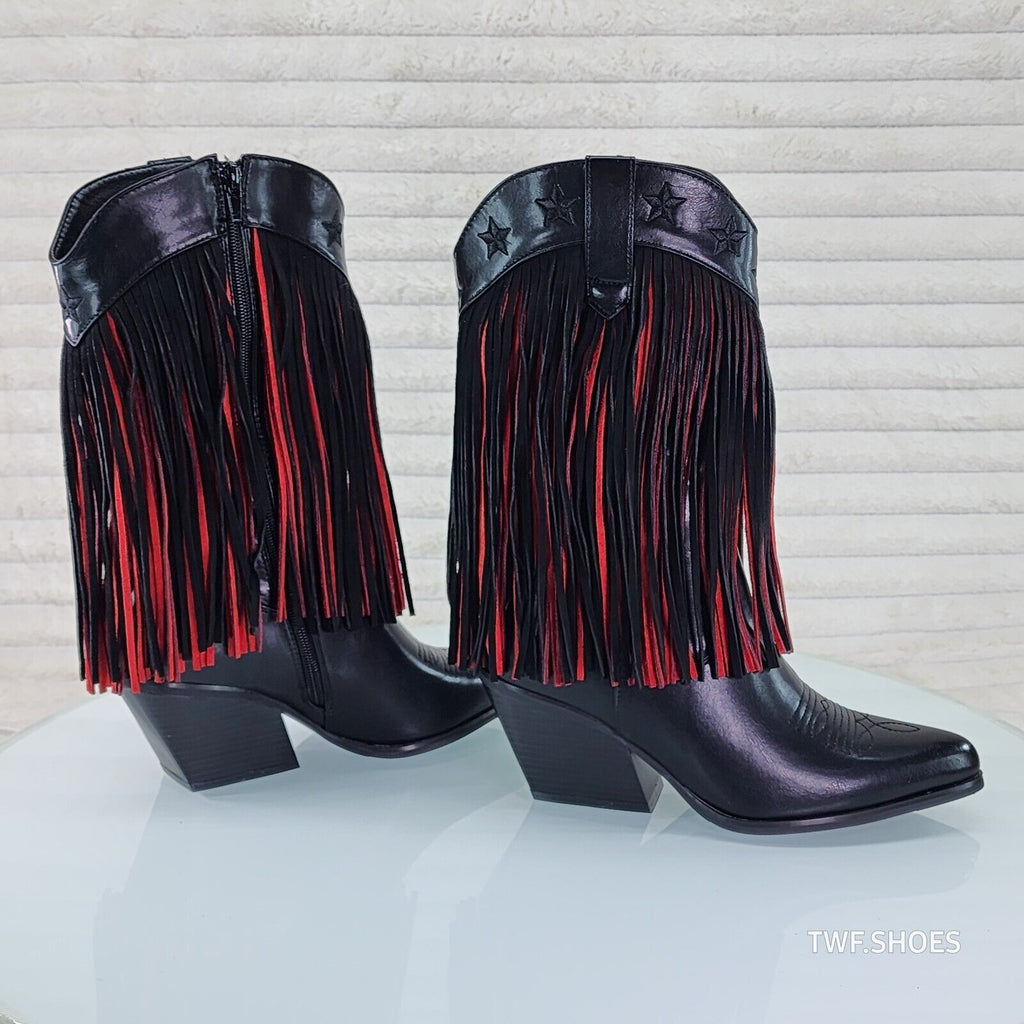 Dusty Roads Mid Calf Black and Red Fringe Country Western Cowgirl Boots - Totally Wicked Footwear