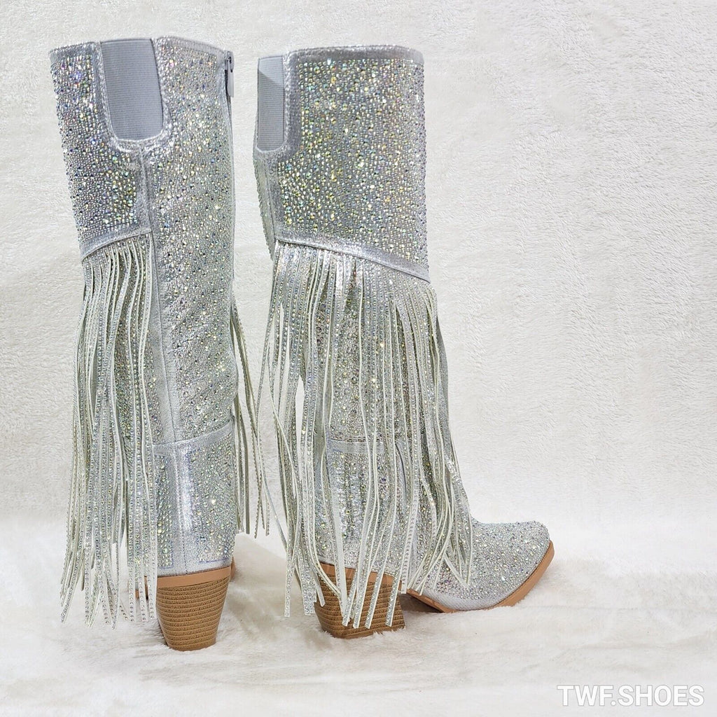 Western Diva Silver Asymmetrical Fringe Rhinestone Glam Cowgirl Boots - Totally Wicked Footwear