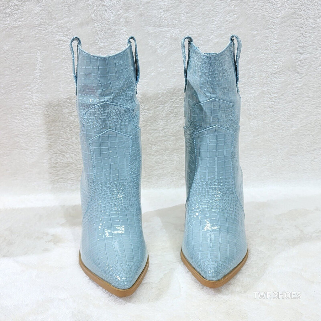 Twisted Blue Patent Country Western Cowgirl Ankle Boots 2 Tone Split Cut Heels - Totally Wicked Footwear