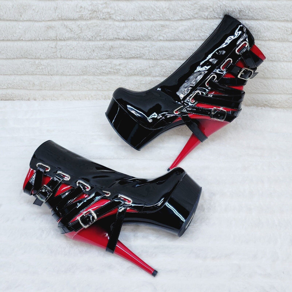 Delight 1012 Black / Red Buckle Strap 6" High Heels Platform Ankle Boots NY - Totally Wicked Footwear