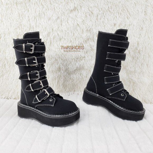 Emily 341 Black Canvas 2" Platform Mid Calf Combat Boots NY DEMONIA - Totally Wicked Footwear