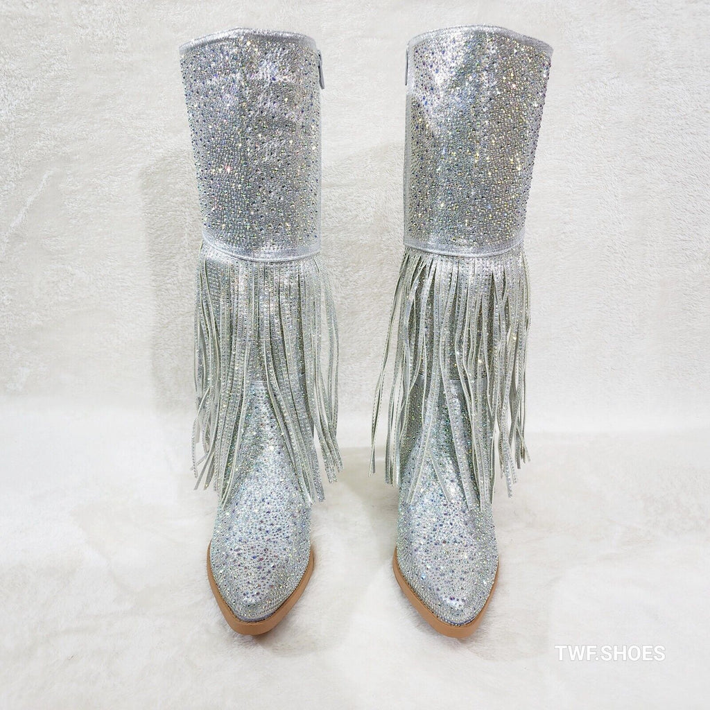 Western Diva Silver Asymmetrical Fringe Rhinestone Glam Cowgirl Boots - Totally Wicked Footwear