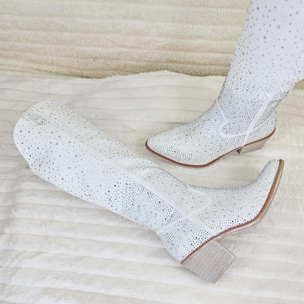 Wild Ones White Glamour Cowboy Rhinestone Cowgirl Wedding Knee Boots Tuck Zip - Totally Wicked Footwear