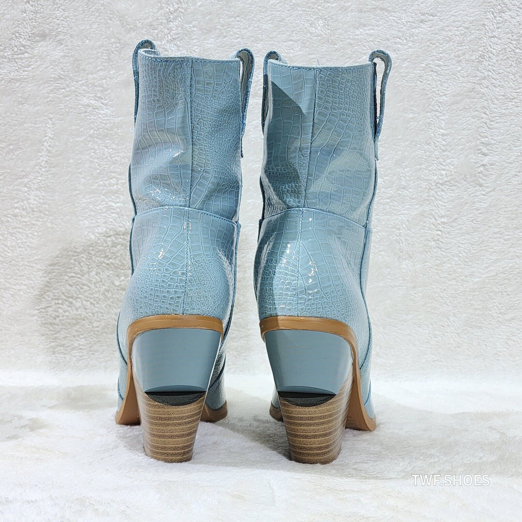 Twisted Blue Patent Country Western Cowgirl Ankle Boots 2 Tone Split Cut Heels - Totally Wicked Footwear