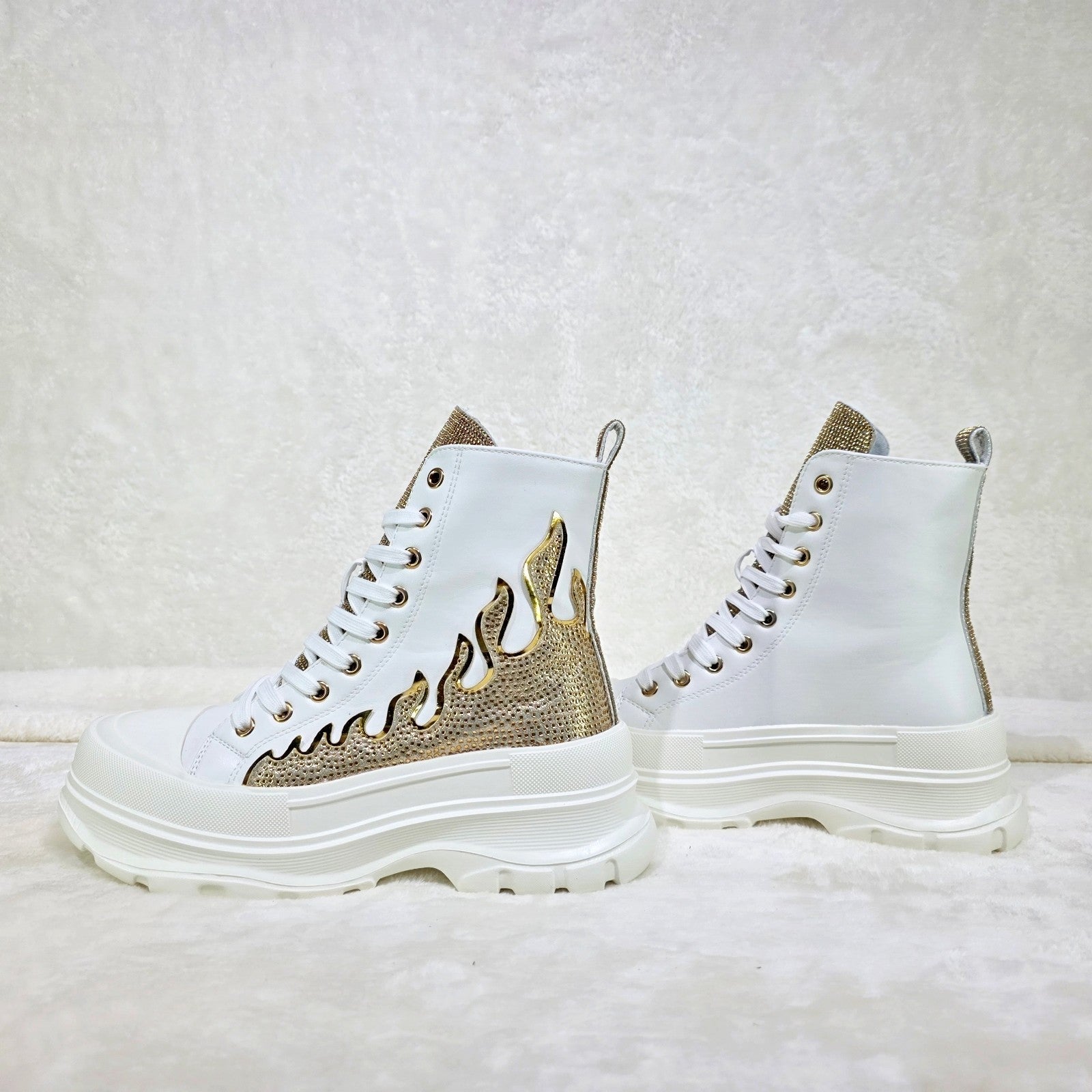 Scorch Combat Sneaker Boots With Rhinestone Flames Details White 