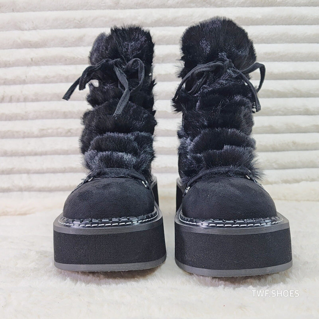 Emily Black Furry Heart Chain Goth 2" Platform Ankle Boots 55 Faux Fur - Totally Wicked Footwear