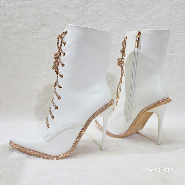 Delightful White Upper High Heel Ankle Boots Rose Gold Rhinestone Trim and Laces - Totally Wicked Footwear