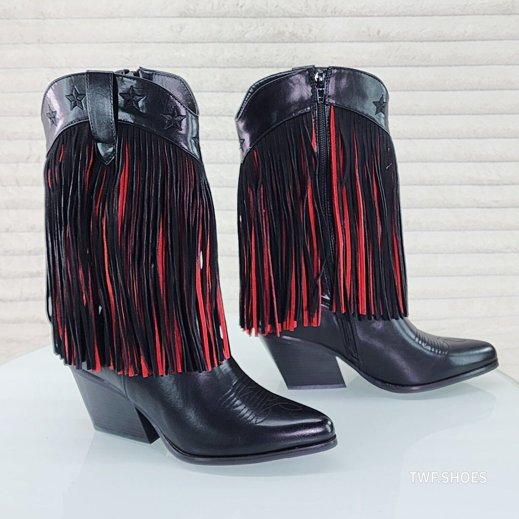 Country Swing Black and Red Fringe Western Cowgirl Boots Tuck Zipper - Totally Wicked Footwear