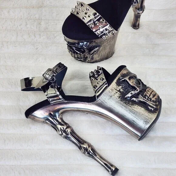 Rapture Silver Pewter Spike Skull & Bones LED 8" High Heel Platform Shoes NY - Totally Wicked Footwear
