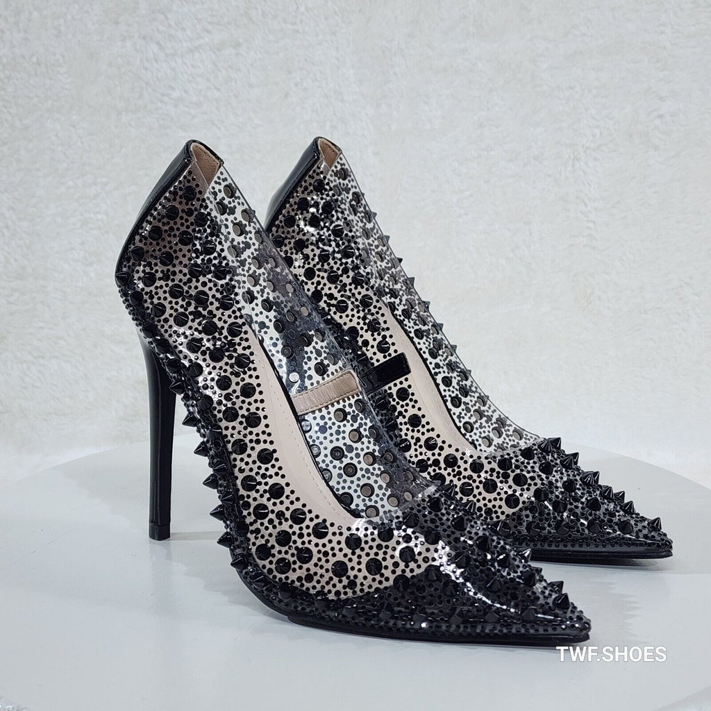 Spicy Stiletto PVC Clear Pumps Black Studs & Rhinestone Pumps Stiletto Heels - Totally Wicked Footwear