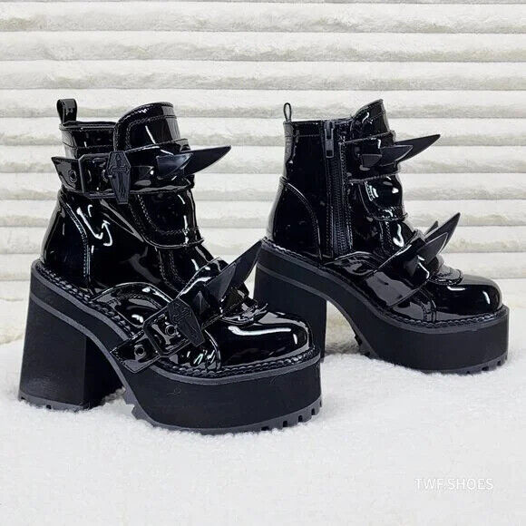 Demonia Assault Black Patent Claw Spiked Platform Ankle Boots Goth Biker Grunge - Totally Wicked Footwear