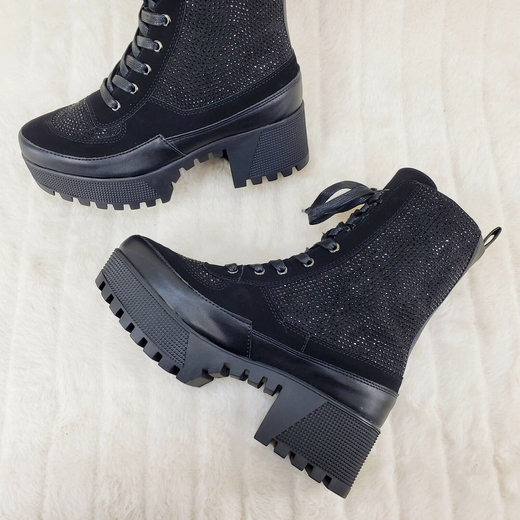 Queen Pin 2 Black Rhinestone Lace Up Platform Sneaker Combat Ankle Boots - Totally Wicked Footwear
