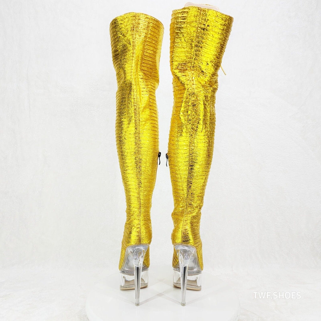 Bulls Metallic Yellow Gold OTK Clear Platform High Heel Thigh Boots - Totally Wicked Footwear