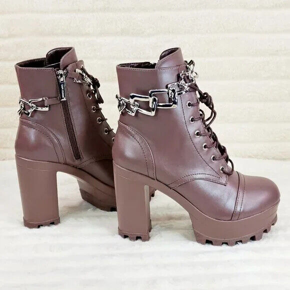 Flex Chunky Block Heel Light Weight Ankle Boots Square Chain Link Mocha Brown - Totally Wicked Footwear