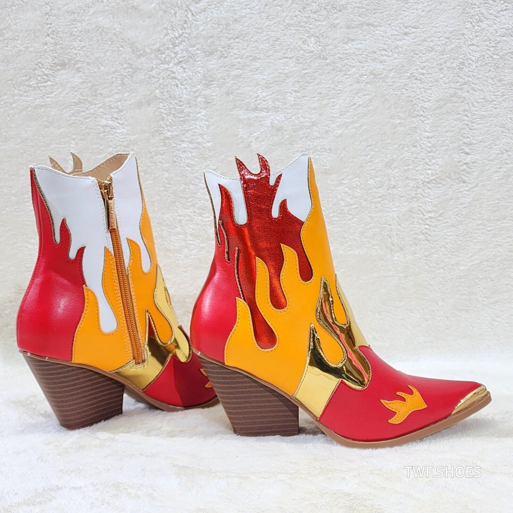 Western Flame Cowgirl Ankle Boots Red Orange Fire Color Block Country Rock - Totally Wicked Footwear