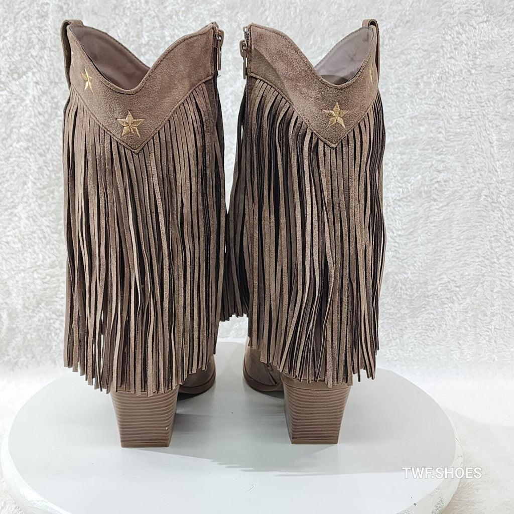 Dusty Mid Calf Coco Taupe Fringe Country Western Cowgirl Boots - Totally Wicked Footwear