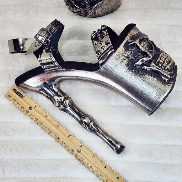 Rapture Silver Pewter Spike Skull & Bones LED 8" High Heel Platform Shoes NY - Totally Wicked Footwear
