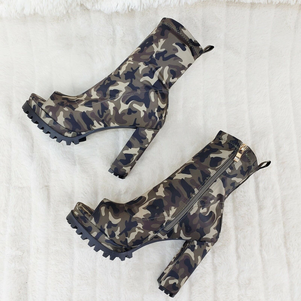 Natalie Camo Print Chunky Heel Stretch Open Toe Lug Sole Ankle Boots - Totally Wicked Footwear