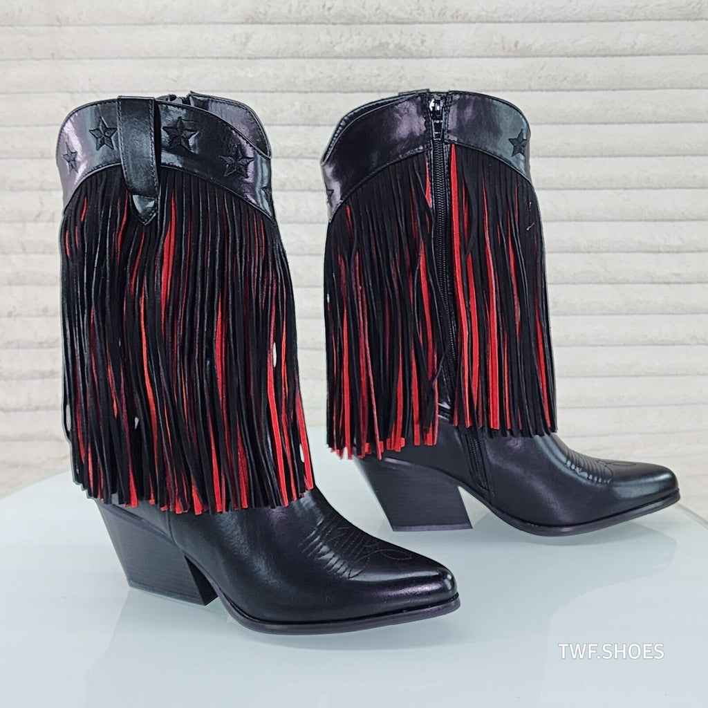 Dusty Roads Mid Calf Black and Red Fringe Country Western Cowgirl Boots - Totally Wicked Footwear