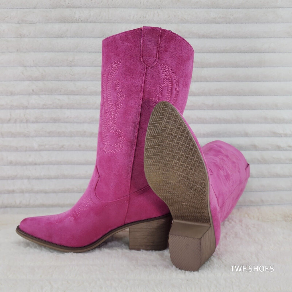 Wild Ones Fuchsia Pink Faux Suede Pull On Mid Calf Cowboy Cowgirl Boots - Totally Wicked Footwear