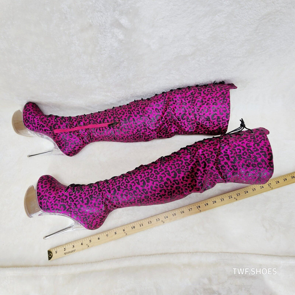 Bulls Hot Pink Leopard Glitter Over the Knee Clear Platform High Heel Thigh Boot - Totally Wicked Footwear