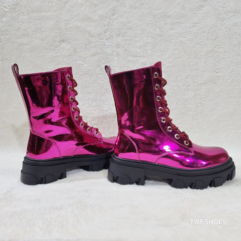 Rowan Metallic Pink Combat Ankle Boots Iridescent Rhinestone Tongue & Rope Laces - Totally Wicked Footwear