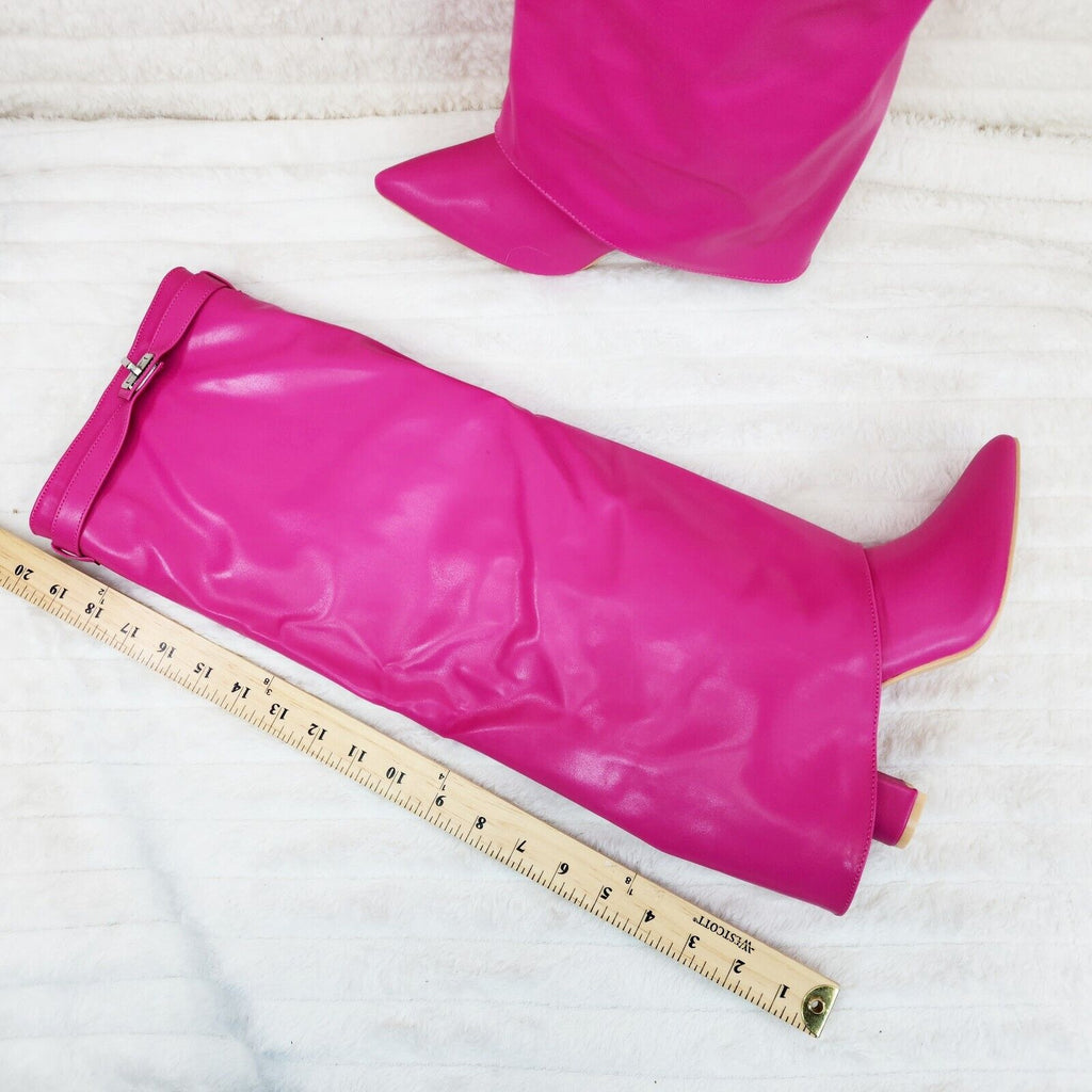 Paris Fuchsia Pink Skirted Fold Over 3.5" Block Heel Knee High Boots - Totally Wicked Footwear