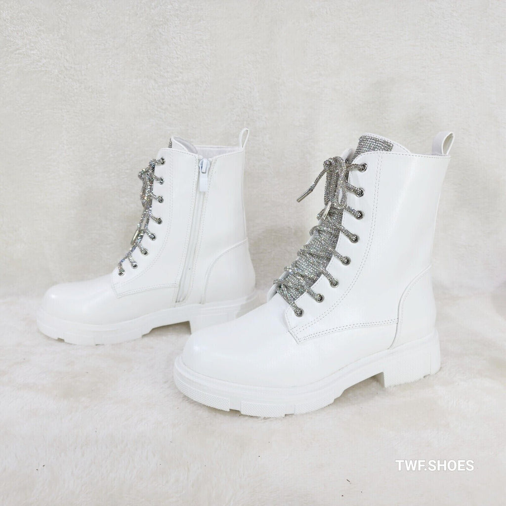 Rylee White Combat Ankle Boots Iridescent Rhinestone Tongue & Rope Laces - Totally Wicked Footwear