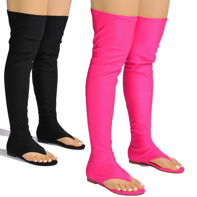 Jazzy Fuchsia Black or Fuchsia Lycra Thigh High Stretch Thong Style Sandal Boots - Totally Wicked Footwear