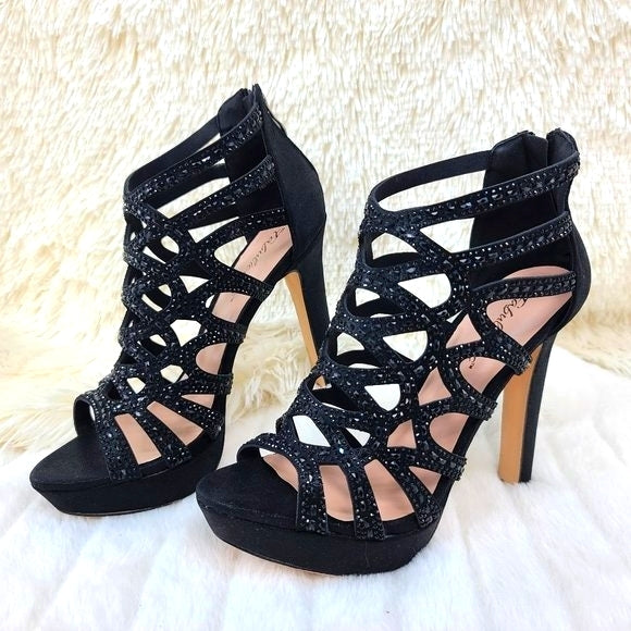 SELENE 4.5" High Heel Platform Shoe Cutout Cage Rhinestones Shimmery Black - Totally Wicked Footwear