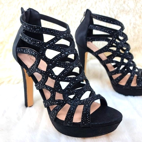 SELENE 4.5" High Heel Platform Shoe Cutout Cage Rhinestones Shimmery Black - Totally Wicked Footwear