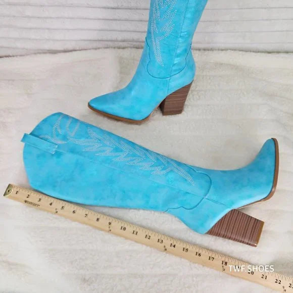 So Me Cruising Brushed Metallic Western Cowgirl Knee Boots Turquoise Blue - Totally Wicked Footwear