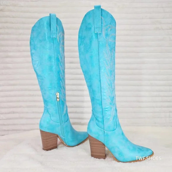 So Me Cruising Brushed Metallic Western Cowgirl Knee Boots Turquoise Blue - Totally Wicked Footwear