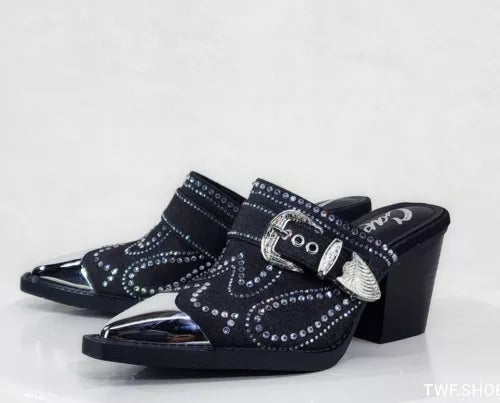 Vive Western Slip On Mules Black Denim Rhinestones Metal Toe Guard Design - Totally Wicked Footwear