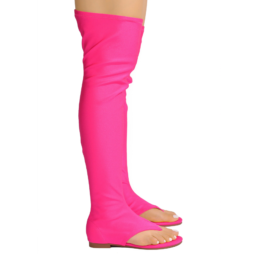 Jazzy Fuchsia Black or Fuchsia Lycra Thigh High Stretch Thong Style Sandal Boots - Totally Wicked Footwear