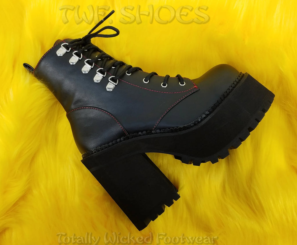 Assault 100 Gothic Punk Heel Cleat Platform Red Stitch Ankle Boot 6-11 - Totally Wicked Footwear