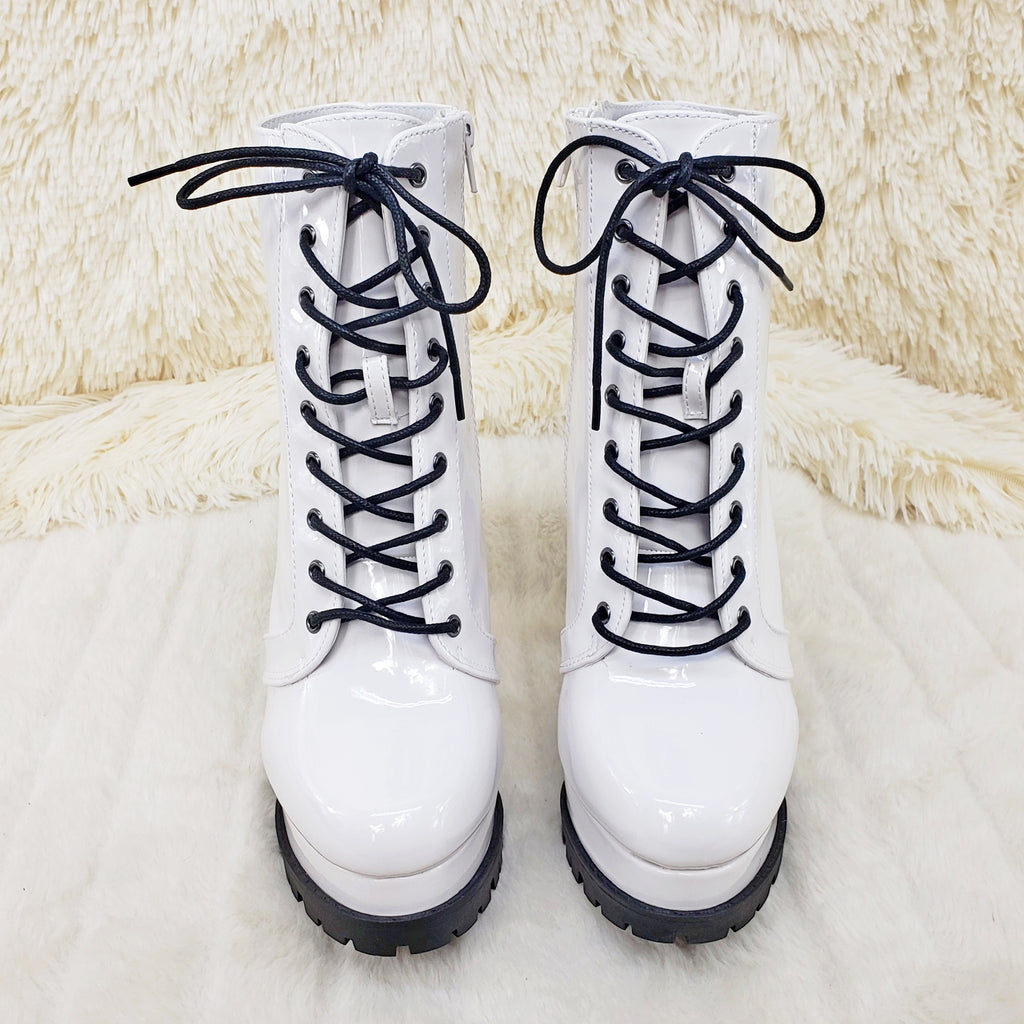 Wild Diva Vivian White Patent Chunky Heel Platform Ankle Boots - Totally Wicked Footwear