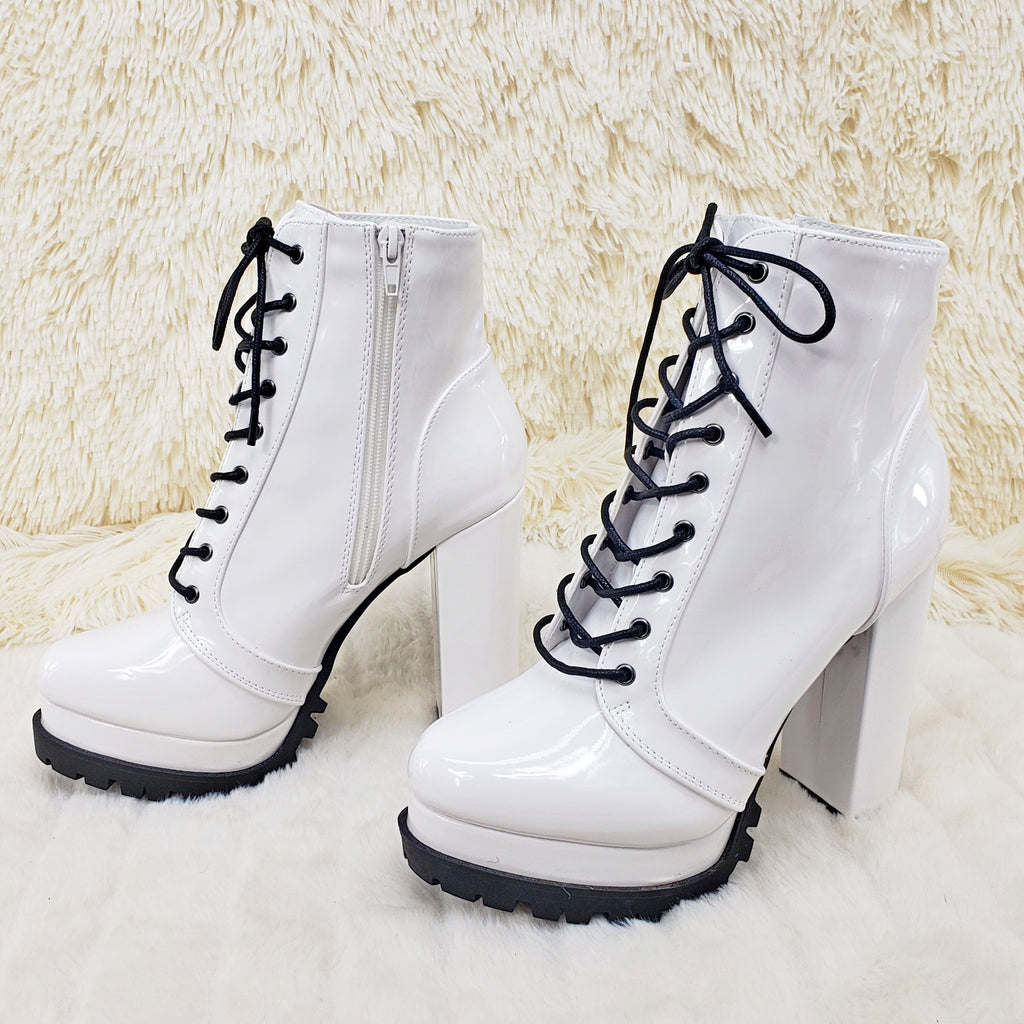 Wild Diva Vivian White Patent Chunky Heel Platform Ankle Boots - Totally Wicked Footwear