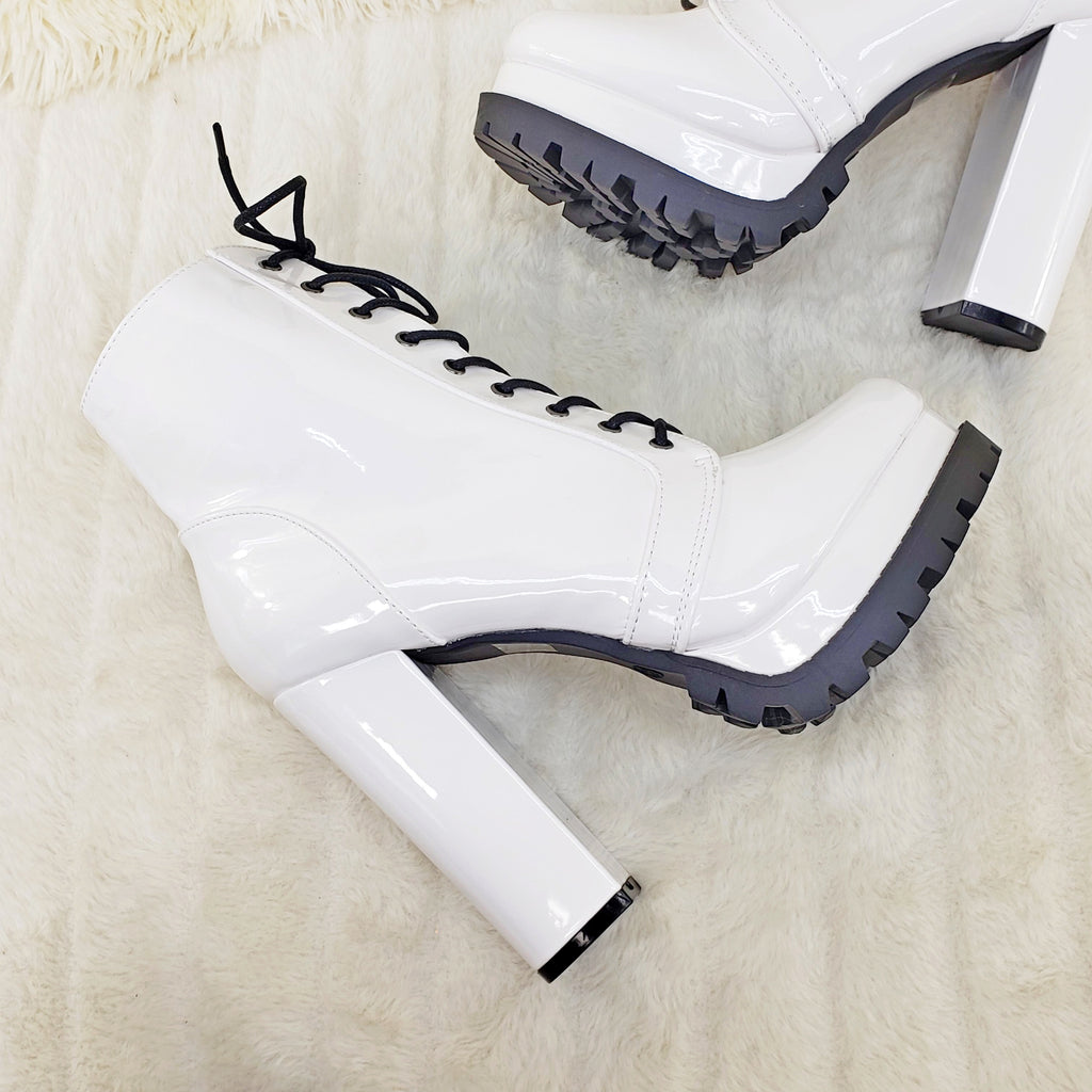 Wild Diva Vivian White Patent Chunky Heel Platform Ankle Boots - Totally Wicked Footwear