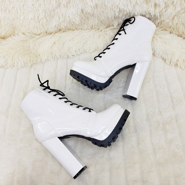 Wild Diva Vivian White Patent Chunky Heel Platform Ankle Boots - Totally Wicked Footwear