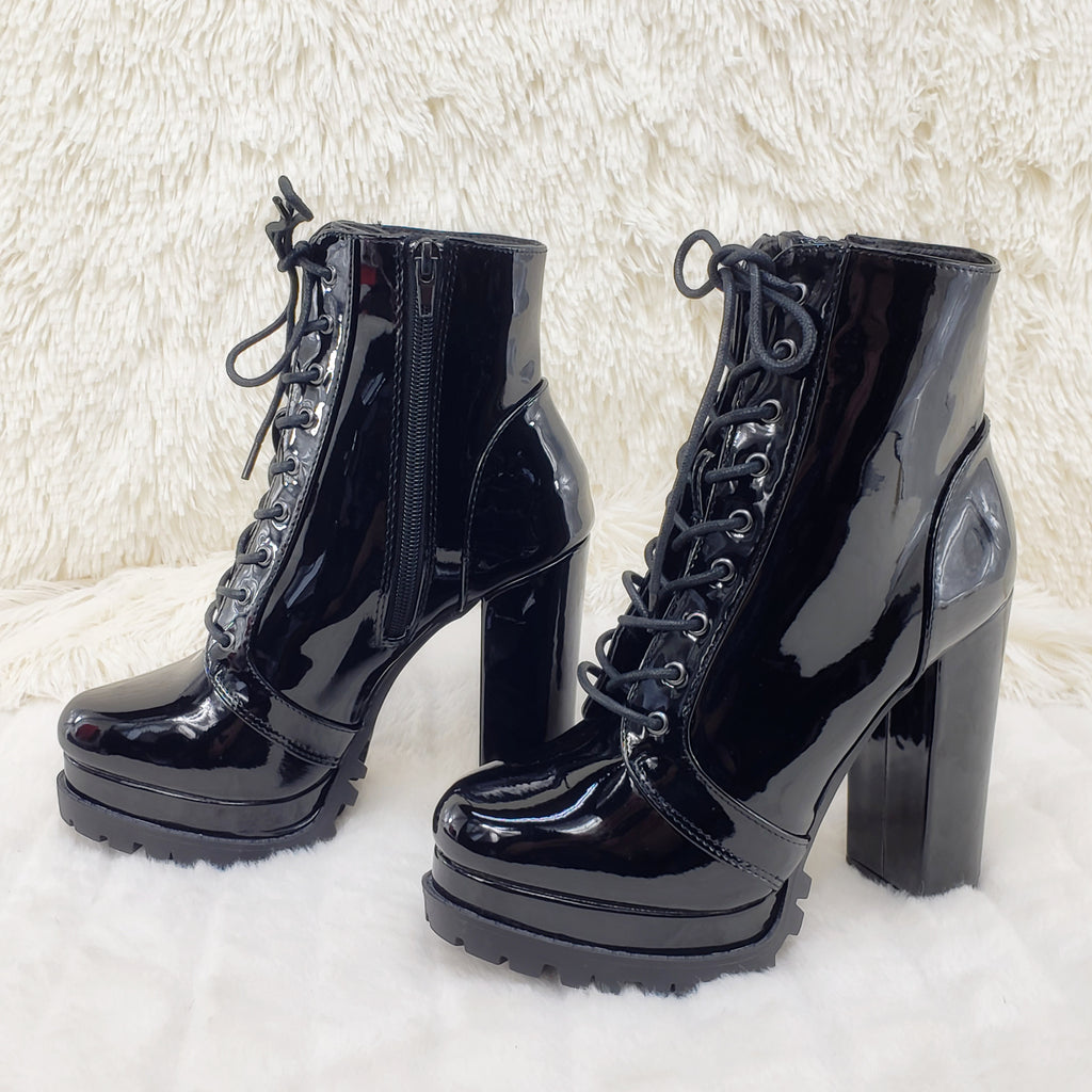 Wild Diva Vivian Black Patent Chunky Heel Platform Ankle Boots - Totally Wicked Footwear